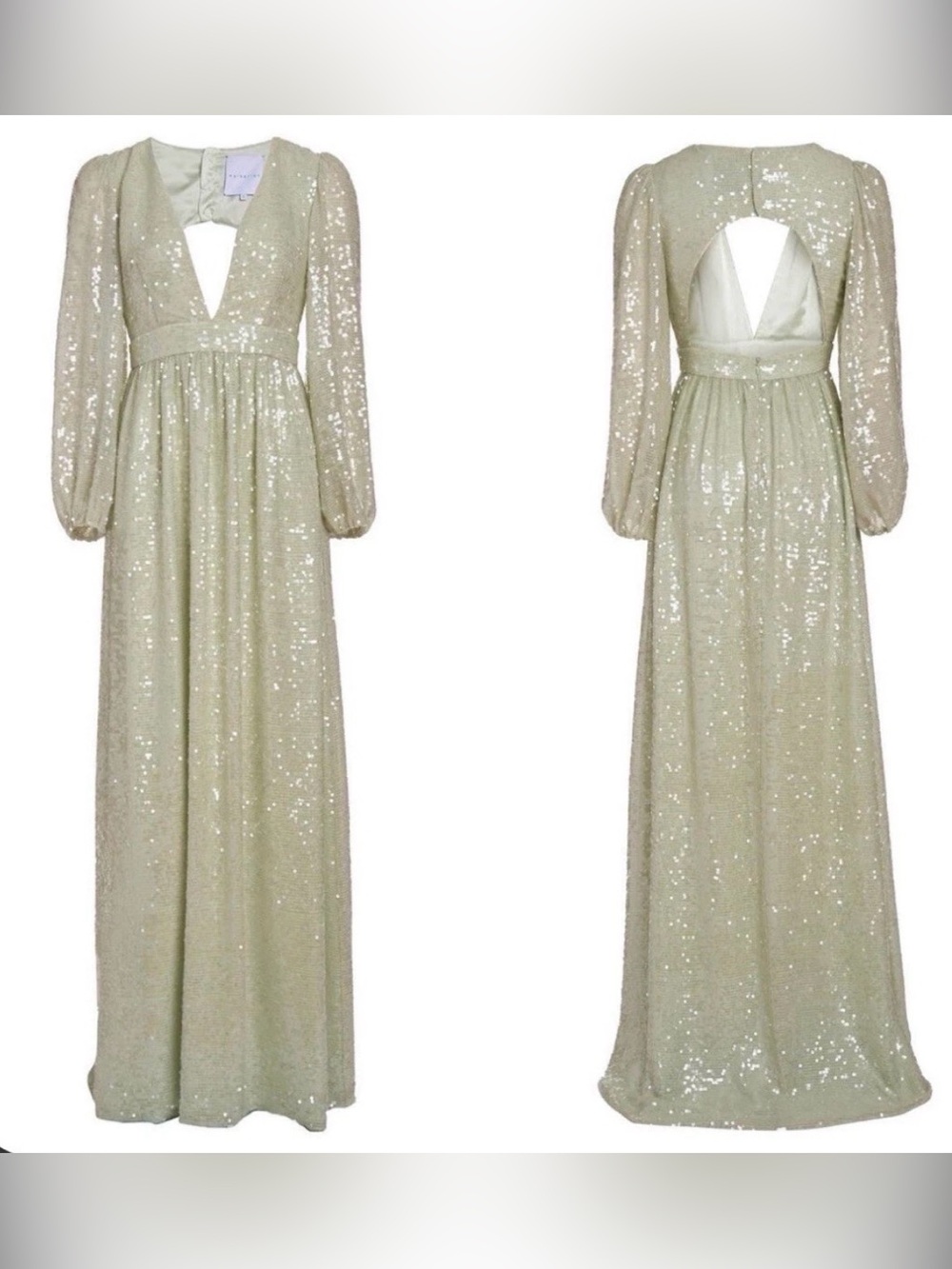 Markarian Dana Sage Sequin Gown Size 8 Long-Sleeve V-Neck Maxi Dress